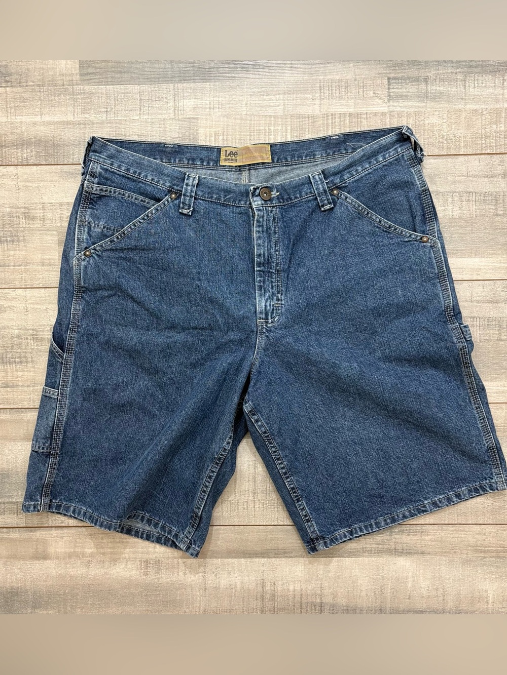 Lee Dungarees Shorts Mens Blue Denim Sz 40L Carpenter Workwear Baggy Y2K Hip Hop